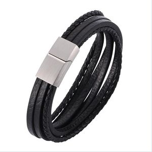Charm Bracelets Charm Bracelets Fashion Mtilayer Braided Leather Bracelet Men Jewelry Stainless Steel Magnetic Clasps Bangles Male W Dheby