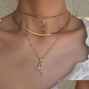 Pendant Necklaces Pendant Necklaces Punk Mti Layer Gold Plated Long Metal Chain Necklace Choker Rhinestone Snake For Women Wedding J Dhygj