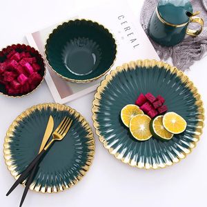 Plates Birthday Party Plate Gold Luxury European Ceramic Green Dessert Salad Tableware Fruit Talerze Obiadowe Kitchen Utensils