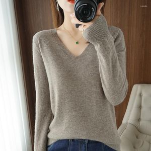 Kvinnors tr￶jor Autumn Winter Cashmere tr￶ja Kvinnor Casual Long Sleeve V-Neck Pullover Korean Fashion Kvinna Mjuka fasta f￤rghoppare