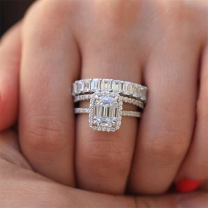 Bröllopsringar CTW CT örhänge Solid K White Gold Emerald Df Brilliant CT Halo Engagement Ring Lab Diamond Band för kvinnor