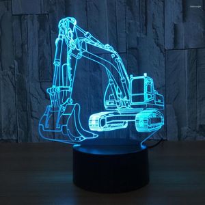 Nattlampor grävmaskin 3d ljus ledning i illusion bordslampa 7-färg auto byte butik bar sovrum dekor present lampor w/usb kabel