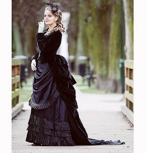 Vintage viktorianische schwarze Ballkleider mit langärmliger Samtjacke, Stufenfaltenrock, geschäftige Damenkleider, formelle Party-Abendgarderobe, nach Maß 2023