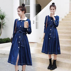 Casual Dresses Autumn Spring Women White Turn-Down Collar Patchwork Single Button Pockets Sashes Jeans Females Denim Slim One-Piece