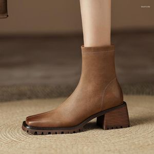 Boots Vintage Brown Leather Women Ancle Square Toe Toe осень короткая езда на боковой платформу Zipper Tenis Rain Botines Femmes