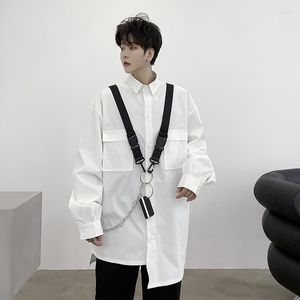 Camicie Casual da uomo Cinghie in pelle a catena da uomo Camicia ampia a maniche lunghe Uomo Giappone Harajuku Streetwear Hip Hop Nero Bianco Abbigliamento da palco