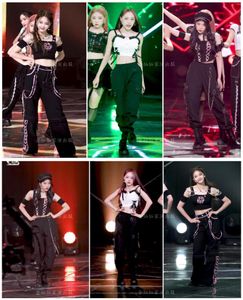 Dwuczęściowe spodnie Kpop Kpop Koreańska grupa dziewcząt Vintage szeroka noga wysoka talia prosta ładunek jazzowy hip -hop Slim Sling Tops