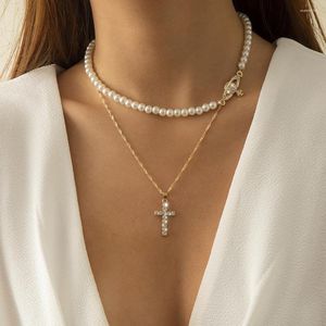 Pendant Necklaces Kpop Dainty Charm Crystal Cross Necklace For Women Gold Color Punk Multi-layer Pearl Choker Fashion Jewelry