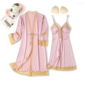 Women's Sleepwear Sexy For Women Satin Robe Lace 2PCS Set 2022 Nightgown Kimono Bathrobe Gown Silky Intimate Lingerie Nightwear