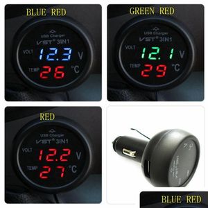 Car Charger D 100% 3In1 Digital Voltmeter Usb Output 5V 2.1A Thermometer 12/24V Cigarette Lighter Car Charger Drop Delivery 2022 Mobi Dh3Nt