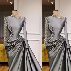 Mermaid Gray Saudi Arabic Long Sleeves Evening Dresses Wear Major Beading Sequins Taffeta Prom Dress vestidos de Formal Party Gowns