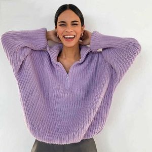 Women's Knits Tees Zipper Collar Turtleneck Sweaters Women Autumn Winter Elegant Loose Long Sleeve Knitted Pullovers Female Purpul Jumpers 2021 T221012