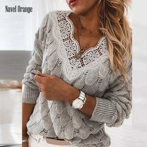 Women's Knits Tees New Women V-Neck Hollow Out Lace Sweater Autumn Winter Casual Long Sleeve Ladies Pullovers Solid Knitted Streetwear Dropshipping T221012