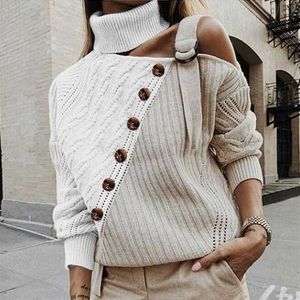 Kadın Örgü Tees Sonbahar Kış Moda Düğmesi Burtleneck Örgü Sweaters Kadın Jumper Kayış Kazak Uzun Kollu Bir Omuz Triko Kadın T221012