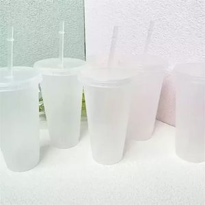 24oz Clear Cup Plastic Mugs Transparent Tumbler Summer Reusable Cold Drinking Coffee Juice Mug with Lid and Straw FY5305 t1013