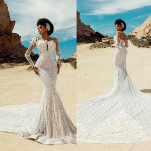 Mermaid Illusion Lace Wedding Dresses Full Sleeve Bridal Gown Outdoor Beach Marriage Long Train Arabic Aso Ebi