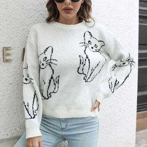 Women's Knits Tees Autumn Winter Cat Print Knitted Sweater Women Loose Long Sleeve Pullover Sweater Female Cute Cartoon Anime Casual Sweaters 23423 T221012