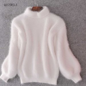 Damskie Knits Tees Białe mohair miękki dzianinowy sweter gęstość gęstej golf SWEATK Autumn zima latarnia rękawa swobodny solidny pullover pull femme t221012