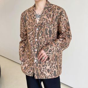 Erkekler Sıradan Gömlek Erkek Leopar Baskı Dantel Gevşek Takım Köpek Uzun Kollu Gömlek Erkek Kore Giyim Vintage Moda Trend Top Man