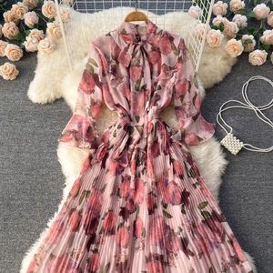 Shirt Dress New Flare Sleeve French Long skirts Retro Waist Loose Print Swing Dress