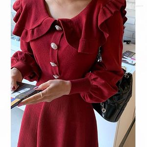 Casual Dresses Iamsure Vintage Solid Sticked A-Line Dress Slim Long Puff Sleeve Mini For Women 2022 Autumn Winter Warme Ladies