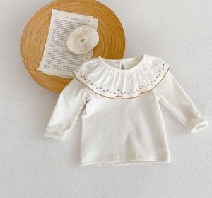 Elegant Spring Fall Girl Kids Clothing T-Shirt 100%Cotton Solid Color Ruffles Collar Shirts Girl Soft Top 65026