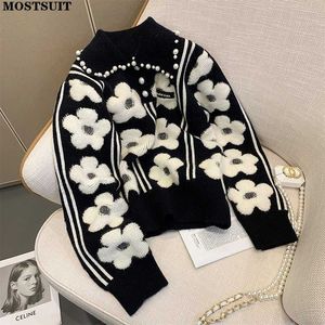 Kvinnors stickor Tees Pearl Beading Floral Sticked Women Sweater Tops 2022 Autumn Winter Vintage Elegant Ladies Pullover Long Sleeve Fashion Jumpers T221012