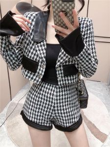 Women's Tracksuits Women Shorts Set 2022 Spring Autumn Satin Suit Collar Short Coat Houndstooth A- Line Two Piece Suits