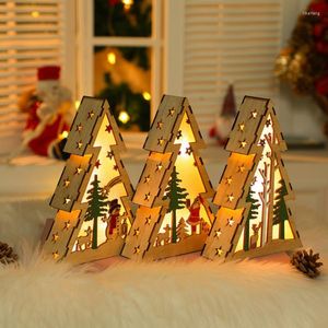 Christmas Decorations Wooden Luminous Small House Tree Shape Carved Night Light Year Home Holiday Decoration Creative Ornament