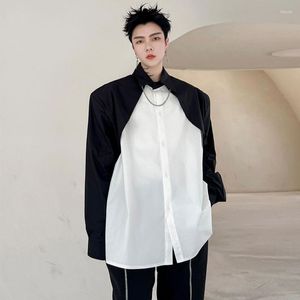 Camisas casuais masculinas homens pretos brancos em emenda net desfile de moda de celebridades camisa de manga comprida machos de streetwear vintage