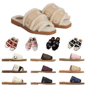 OG Women Woody Mules Chinelos Planos Sandálias Chinelos de Lona Designer Chinelos Forrados com Shearling Branco Preto Pêlo Rosa Sapatos Femininos de Inverno