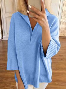 Kvinnors stickor Tees Women Casual Loose Sweater 2022 Autumn Winter Fashion Long Sleeve V-Neck Knittade Top Pullovers Solid Overized Warm Jumpers Blue T221012