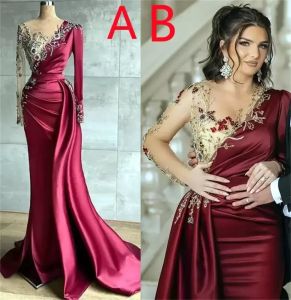 Arabo Aso Ebi Borgogna Lussuosi abiti da sera a sirena con perline Cristalli Sheer Neck Prom Abiti da cerimonia