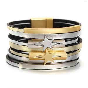 Charm Bracelets ALLYES Trend Punk Stars Leather Bracelet For Women Men Two Tone Metal Tube Multilayer Wrap Wide Jewelry