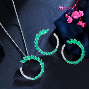 Halsbandörhängen Set ThreeGrace Trendy Emerald Green Cubic Zirconia Crystal Pendant and For Women Chic Daily Prom Jewelry JS543