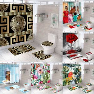 Douchegordijnen 3d luxe zwart goud Griekse badkamer gordijnset moderne geometrische sierlijke rode roos bad tapijttoilet tapijt decor 221013