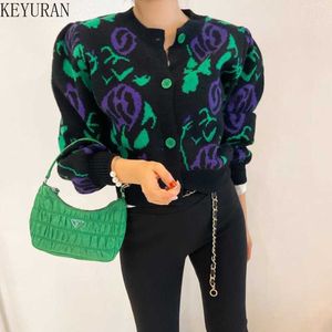 Women's Knits Tees Korean Style Vintage Flower Knitted Cardigan Crop Top 2022 Autumn Winter O-Neck Long Sleeve Short Puff Sleeve Sweaters for Women T221012