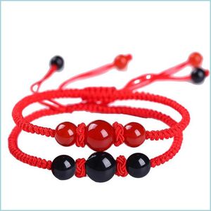 Charm-Armbänder im chinesischen Stil, handgefertigt, Glücksbringer, rote Schnur, Armreifen, schwarze Achate, Steinperlen, Männer, Frauen, Paare, Armband, Drop D