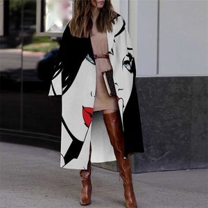 빈티지 초록 인쇄 턴-컬러 외투 패션 사무실 숙녀 캐주얼 카디건 가미 겨울 따뜻한 여성 긴 모직 코트 211228