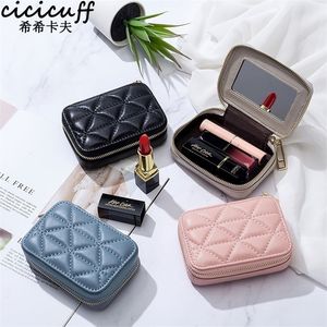 Cosmetic Bags Cases Genuine Leather Ladies Lipstick Bag EDC Earphone Organizer Coin Wallet Excellent Mini Makeup Case Mirror Pocket