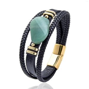 Braccialetti con ciondoli Catena di corda in pelle nera boema Bracciale in acciaio inossidabile Uomo Pietra neutra geometrica Regali di gioielli da uomo tessuti a mano