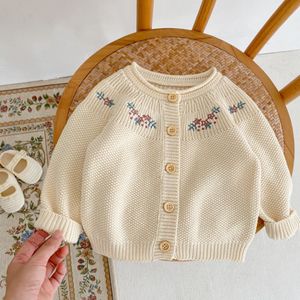 0-2T INS Baby Girls Cardigan с цветочной вышивкой бежевой вязаной свитер 100% хлопковой бутик для девочки Spring Fall Clothing 83113