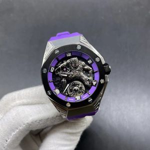 Fashion High quality men Watch mm Wristwatches Purple rubber strap Stainless Black Panther Dial Automatic mechanical Mens Watches