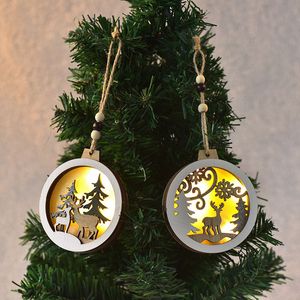 Creative Wooden Christmas Tree Elk Lighting Hanging With Button Battery DIY Round Pendants Christmas Ramadan Decorations
