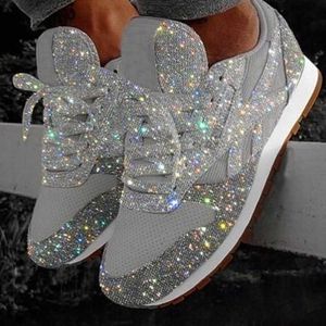 Dress Shoes 2020 Woman Vulcanized Women's Sneakers Ladies Crystal Breathable Shoes Female Lace Up Bling Flats Women's Footwear Plus Size T221012