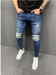 Мужские джинсы мужская высокая уличная кусок мужчина худая молния джинсовая джинсовая дыра винтажные брюки хип -хоп.