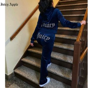 Juicy Apple Womens Tracksuits 벨벳 재봉 정장 복장 2 조각 조깅 벨로 스웨트 셔츠 Met Hoodie 바지 정장 여성 Y2K 코스프레