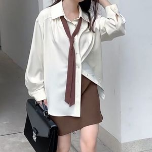 Винтажные элегантные свободные блузки женщины хараджуку шикарная офисная рубашка с галстуком рубашки с длинными рукавами эстетические женские топы блузка