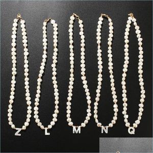 Chokers Beaded Imitation Pearl Chain Choker Necklace 26 Initial Letter Pendant Alphabet Charm Necklaces Women Fashion Bohemian Jewel Dhh9U