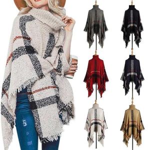 Damen Strick T-Shirts Poncho Pullover Frauen Fransen Streifen Strickpullover Pullover Cape Mantel Hoher Kragen Vintage Schal Schal Panchos Weiblich Winter T221012